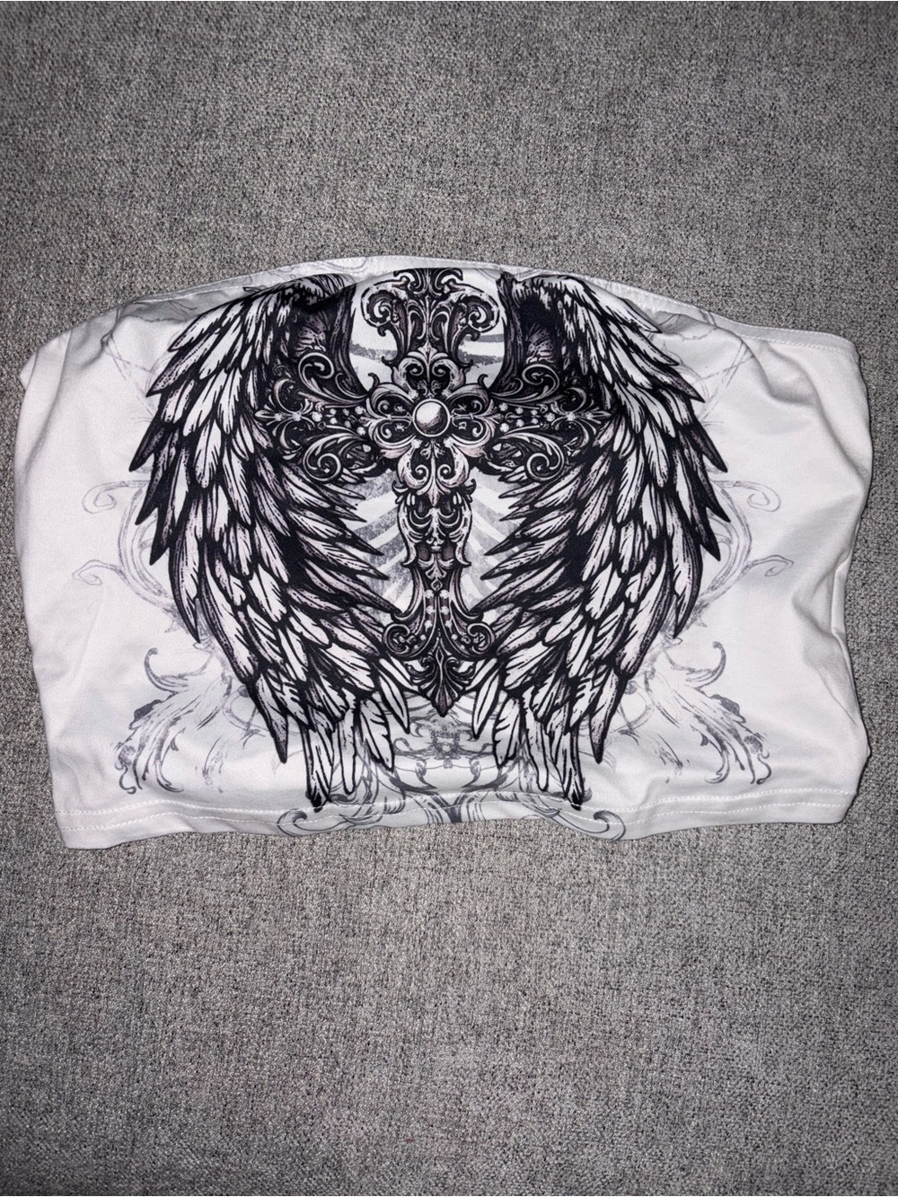 ROMWE White Strapless Tube Top with Black Winged Cross Graphic